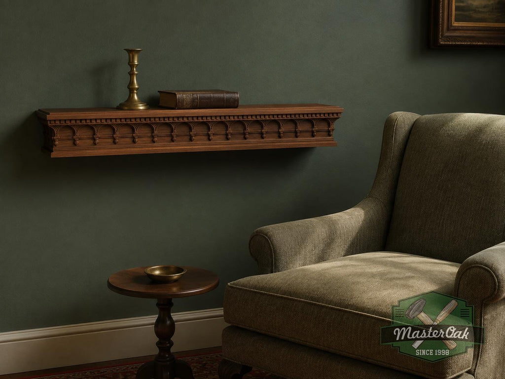 Carved Solid Oak Fireplace Mantel Shelf with Arched Arcade, Ornate Floating Wall Shelf, Classical Architectural Home Decor