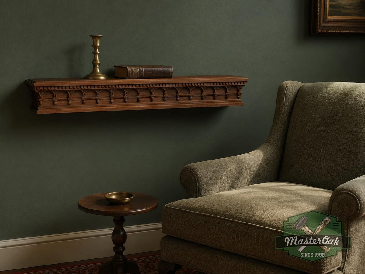 Carved Solid Oak Fireplace Mantel Shelf with Arched Arcade, Ornate Floating Wall Shelf, Classical Architectural Home Decor