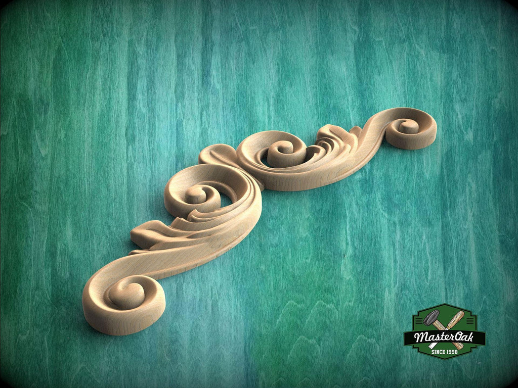 A decorative wooden scrollwork piece is displayed against a green textured background.