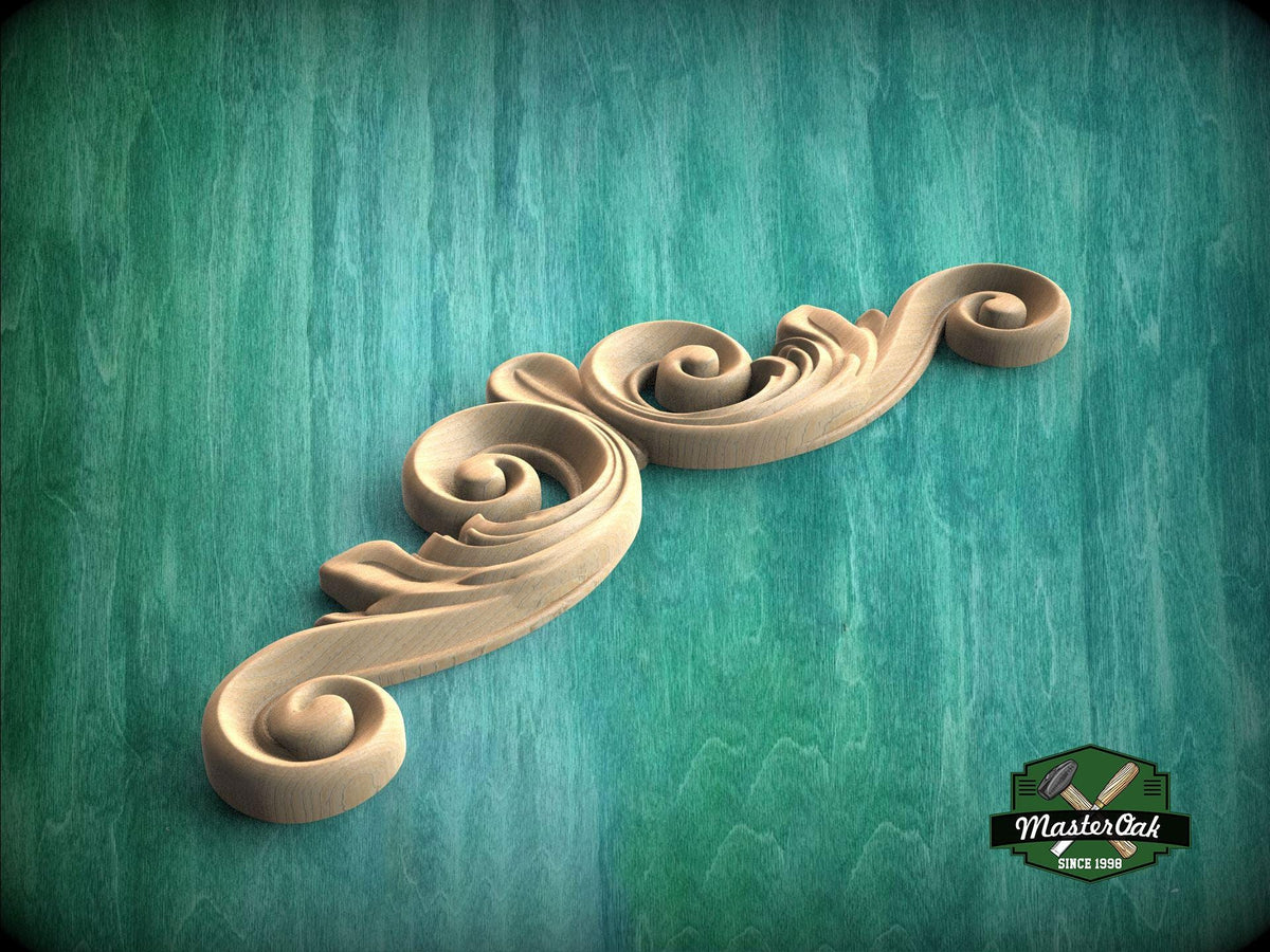 A decorative wooden scrollwork piece is displayed against a green textured background.