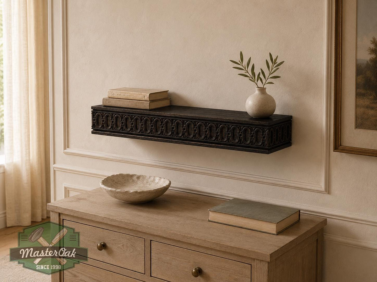 Carved Solid Oak Wall Shelf with Arched Pattern, Ornate Floating Shelf, Decorative Wood Display Shelf, Classical Home Decor