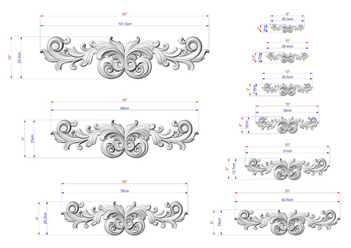 a collection of ornate, decorative designs with intricate scrollwork and floral patterns. The designs are accompanied by their respective measurements, providing a clear visual representation of the size and scale of the decorative elements.