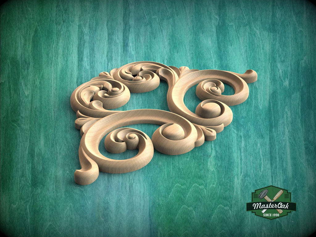 A decorative wooden carving in the shape of a swirl or scroll is displayed against a teal background.