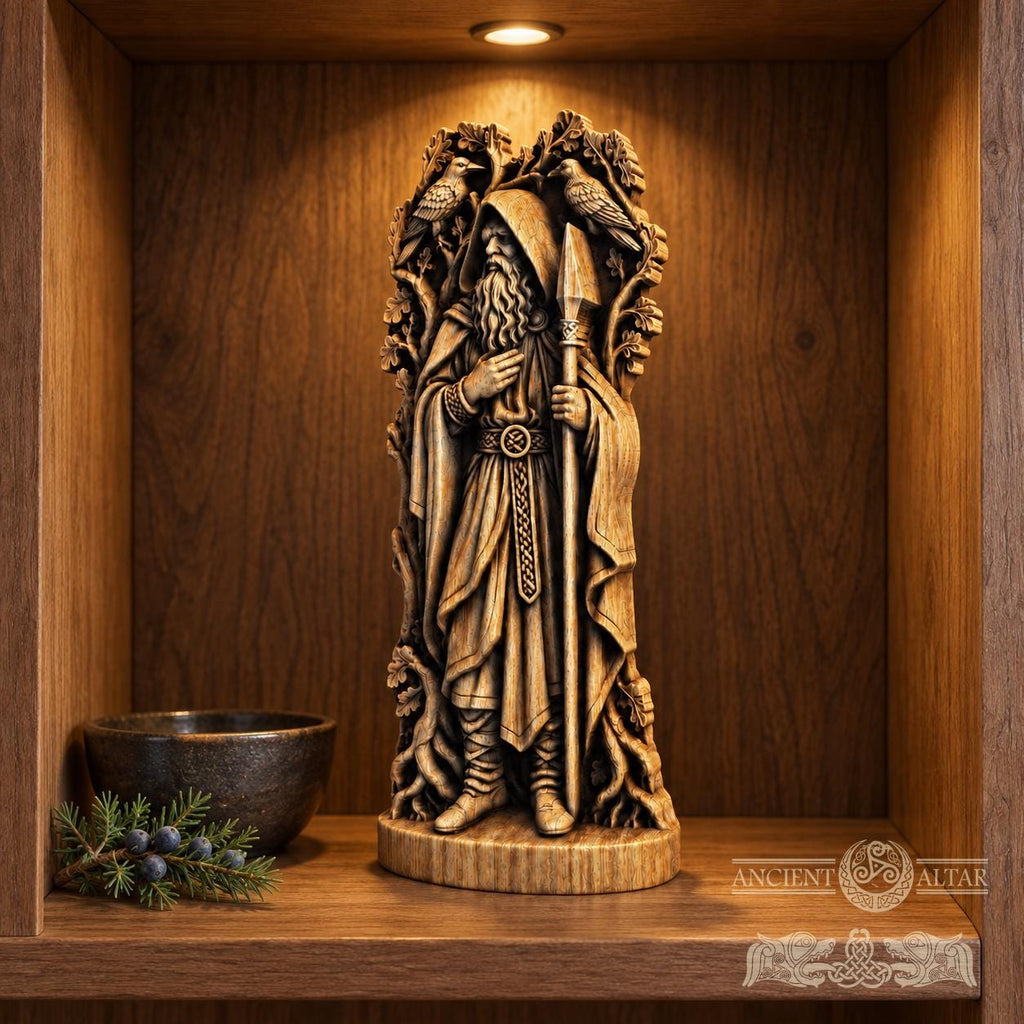 Hooded Odin Wooden Statue with Ravens, Norse Wanderer Figurine, Wotan Viking Sculpture, Pagan Altar Decor, Gungnir Gift