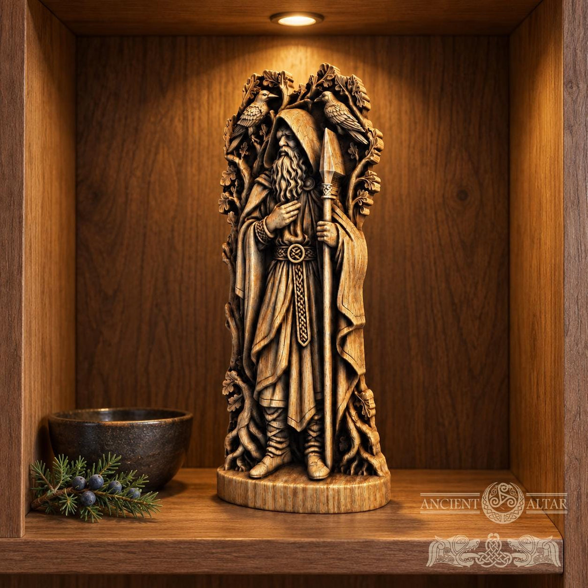 Hooded Odin Wooden Statue with Ravens, Norse Wanderer Figurine, Wotan Viking Sculpture, Pagan Altar Decor, Gungnir Gift