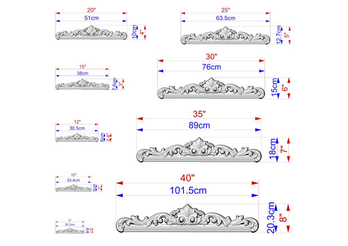 a series of ornate, decorative carvings or sculptures, each with its own unique size and design. The carvings are depicted in various sizes, ranging from small to large, and are arranged in a grid-like pattern. The image provides detailed measurements and dimensions for each carving, allowing for a clear understanding of the scale and proportions of the artwork.