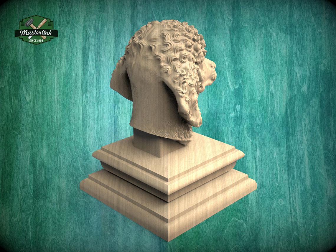 A 3D rendering of a wooden bust sculpture, featuring intricate details and a textured surface, displayed on a wooden pedestal against a green background.