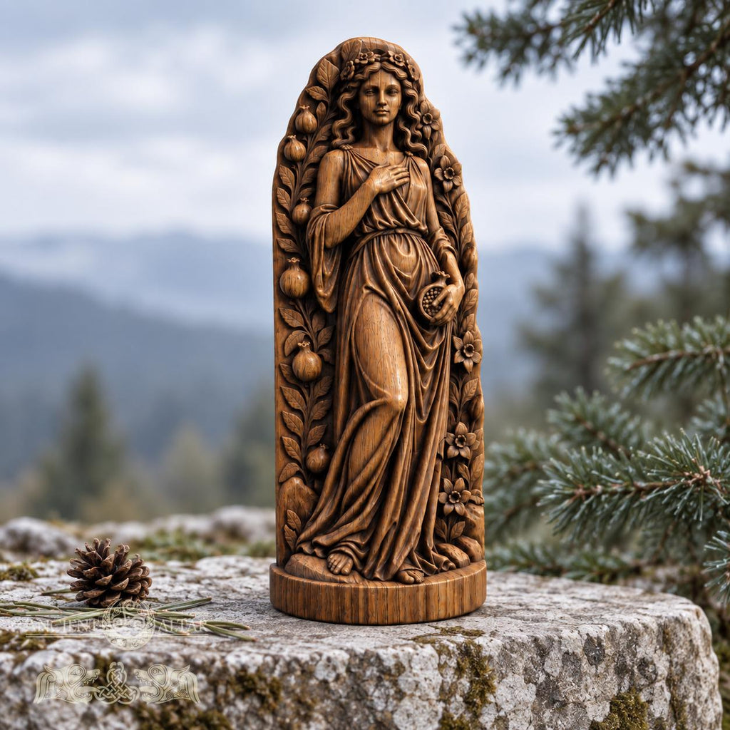 Persephone Goddess Statue, Wooden Queen of the Underworld Figurine, Pomegranate Altar Decor, Greek Mythology Gift