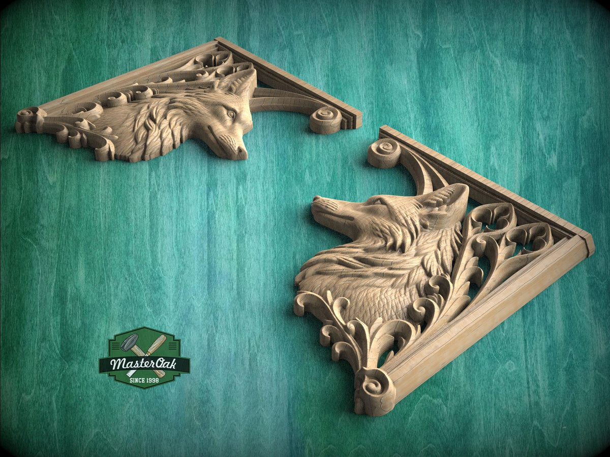 Carved Wood Fox Corner Onlays, Mirrored Pair with Gothic Scrollwork