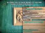 The image is a promotional advertisement for Master Oak, a company that specializes in painting wooden products. It features a close-up of a wooden sample, including a finger-jointed sample and a multi-toned wood sample, along with text that provides information about the products.