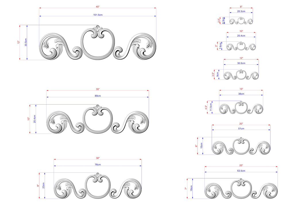 a series of decorative scrollwork designs, each with its own unique size and shape. The designs are shown in various sizes, ranging from small to large, and are accompanied by their corresponding measurements. The image is a collection of different scrollwork designs, each with its own distinct style and intricacy.