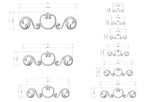 a series of decorative scrollwork designs, each with its own unique size and shape. The designs are shown in various sizes, ranging from small to large, and are accompanied by their corresponding measurements. The image is a collection of different scrollwork designs, each with its own distinct style and intricacy.
