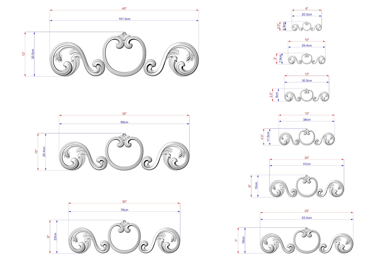a series of decorative scrollwork designs, each with its own unique size and shape. The designs are shown in various sizes, ranging from small to large, and are accompanied by their corresponding measurements. The image is a collection of different scrollwork designs, each with its own distinct style and intricacy.