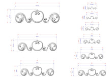 Load image into Gallery viewer, a series of decorative scrollwork designs, each with its own unique size and shape. The designs are shown in various sizes, ranging from small to large, and are accompanied by their corresponding measurements. The image is a collection of different scrollwork designs, each with its own distinct style and intricacy.

