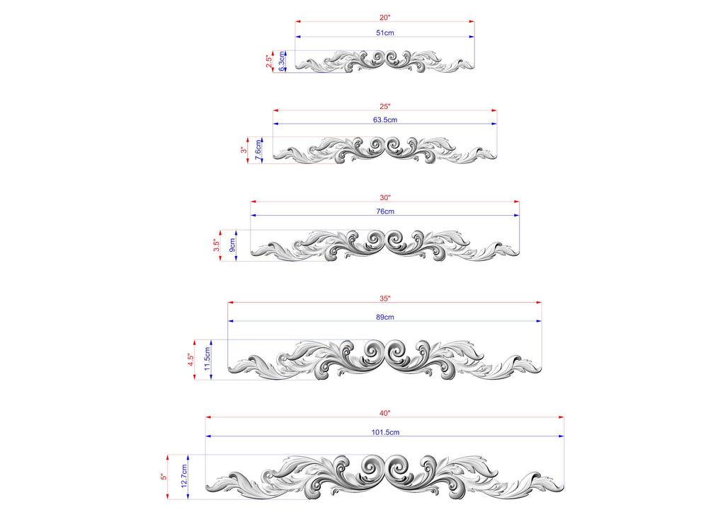 The image displays a series of five ornamental designs, each with its own unique size and shape. The designs are depicted in a detailed manner, showcasing the intricate patterns and measurements associated with their creation.
