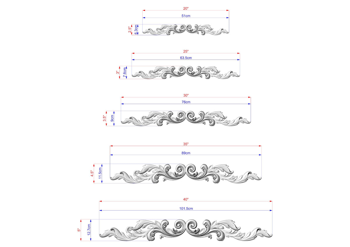 The image displays a series of five ornamental designs, each with its own unique size and shape. The designs are depicted in a detailed manner, showcasing the intricate patterns and measurements associated with their creation.