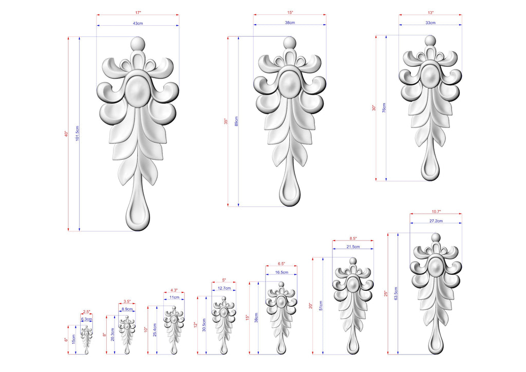 a collection of three 3D designs, each with detailed measurements and scale drawings. The designs are in a white color scheme and feature intricate, decorative elements such as leaves and flowers. The image is a collage of three smaller images, each depicting a different design with its own set of measurements and scale drawings. The image does not contain any text or additional elements that would require a more detailed description.
