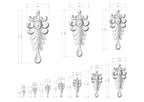 a collection of three 3D designs, each with detailed measurements and scale drawings. The designs are in a white color scheme and feature intricate, decorative elements such as leaves and flowers. The image is a collage of three smaller images, each depicting a different design with its own set of measurements and scale drawings. The image does not contain any text or additional elements that would require a more detailed description.