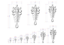 Load image into Gallery viewer, a collection of three 3D designs, each with detailed measurements and scale drawings. The designs are in a white color scheme and feature intricate, decorative elements such as leaves and flowers. The image is a collage of three smaller images, each depicting a different design with its own set of measurements and scale drawings. The image does not contain any text or additional elements that would require a more detailed description.
