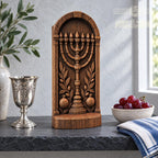 Menorah Oak Wood Sculpture, Seven Branch Menorah with Olive Branches and Pomegranates, Judaica Decor, Jewish Housewarming Gift