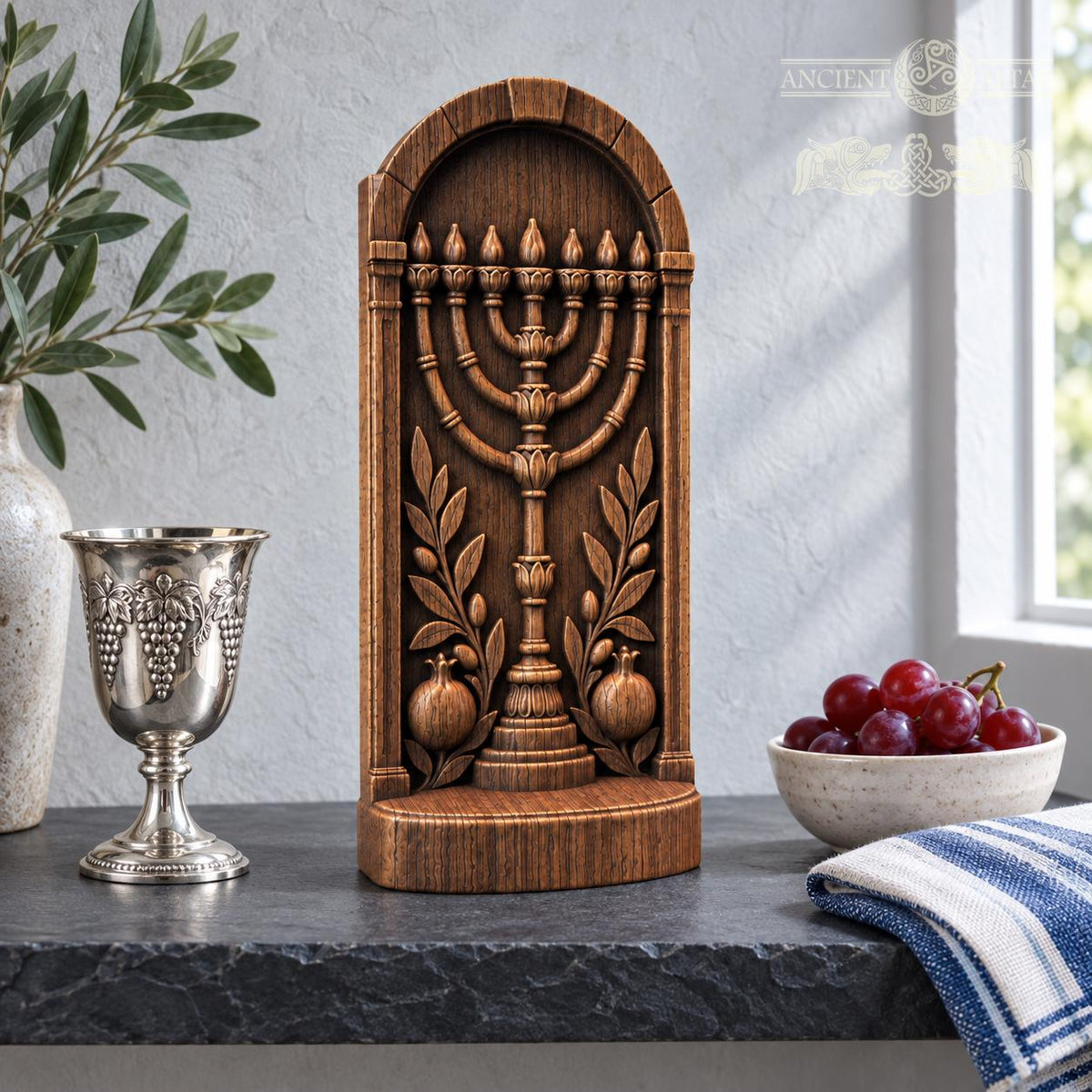 Menorah Oak Wood Sculpture, Seven Branch Menorah with Olive Branches and Pomegranates, Judaica Decor, Jewish Housewarming Gift