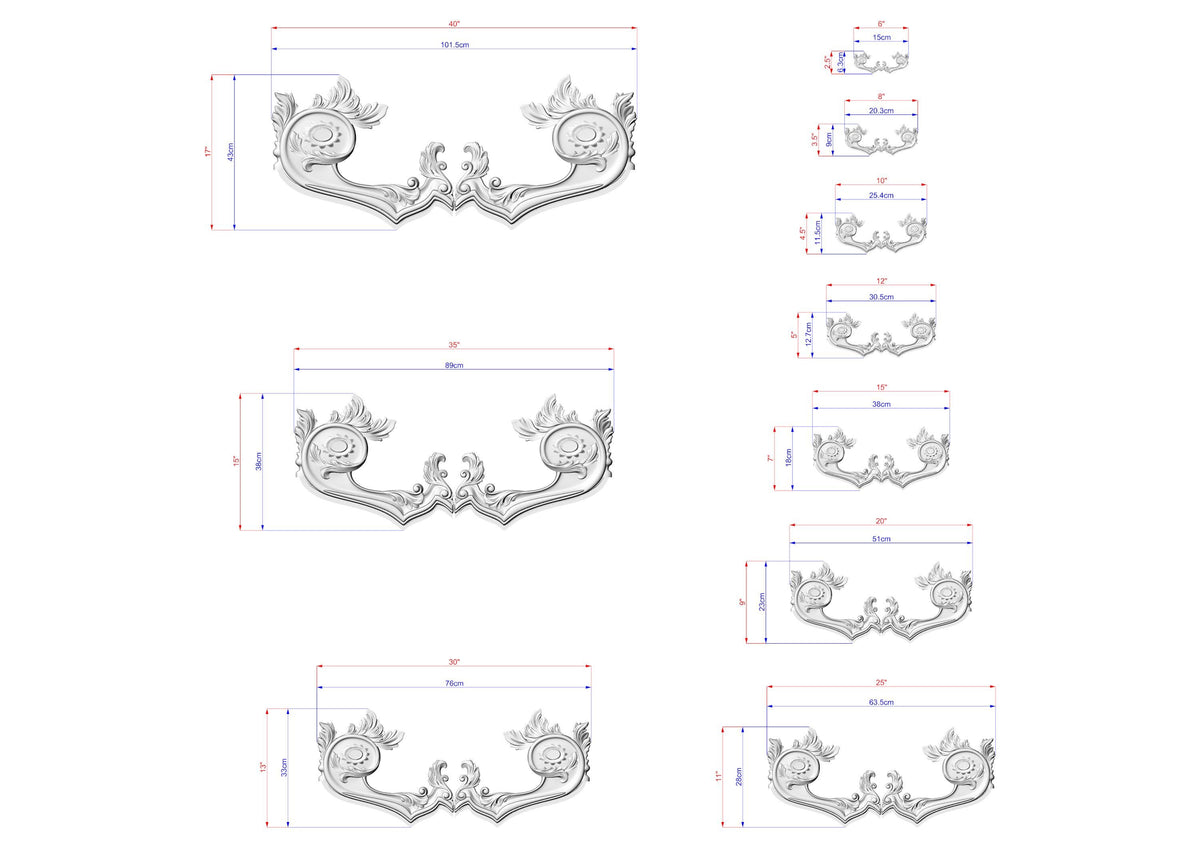 a series of ornate, decorative designs or patterns, each accompanied by a set of measurements in millimeters. The designs are intricate and visually appealing, showcasing the craftsmanship and attention to detail.