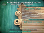 The image is a promotional image for Master Oak Paint, showcasing a variety of wood samples. It features a wooden panel with a decorative scroll design, a finger-jointed sample, and a multi-toned wood sample. The text on the image provides information about the product, including that it allows for savings if the product is painted, and that the product texture and color may vary from the sample shown. The image also mentions that adjacent pieces have different shades.