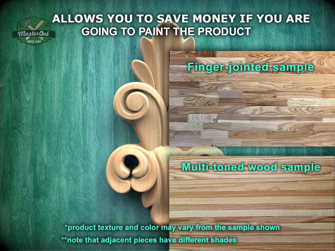 The image is a promotional image for Master Oak Paint, showcasing a variety of wood samples. It features a wooden panel with a decorative scroll design, a finger-jointed sample, and a multi-toned wood sample. The text on the image provides information about the product, including that it allows for savings if the product is painted, and that the product texture and color may vary from the sample shown. The image also mentions that adjacent pieces have different shades.