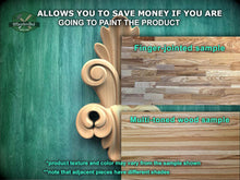 Load image into Gallery viewer, The image is a promotional image for Master Oak Paint, showcasing a variety of wood samples. It features a wooden panel with a decorative scroll design, a finger-jointed sample, and a multi-toned wood sample. The text on the image provides information about the product, including that it allows for savings if the product is painted, and that the product texture and color may vary from the sample shown. The image also mentions that adjacent pieces have different shades.
