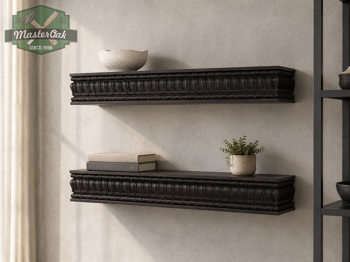 Carved Solid Oak Wall Shelf with Fluted Ornament, Ornate Floating Shelf, Classical Wood Display Shelf, Traditional Home Decor