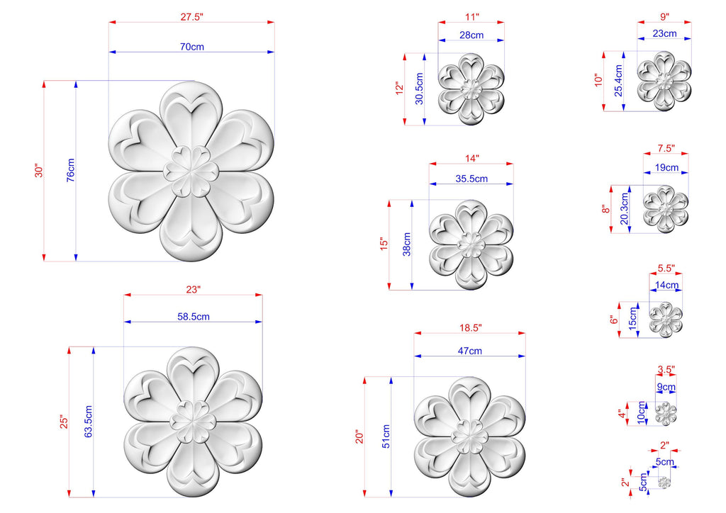 a collection of flower-shaped designs, each with its own size and dimensions. The flowers are depicted in various sizes, ranging from small to large, and are shown in different stages of completion. The image provides a detailed visual representation of the flower designs, allowing for a clear understanding of their sizes and shapes.