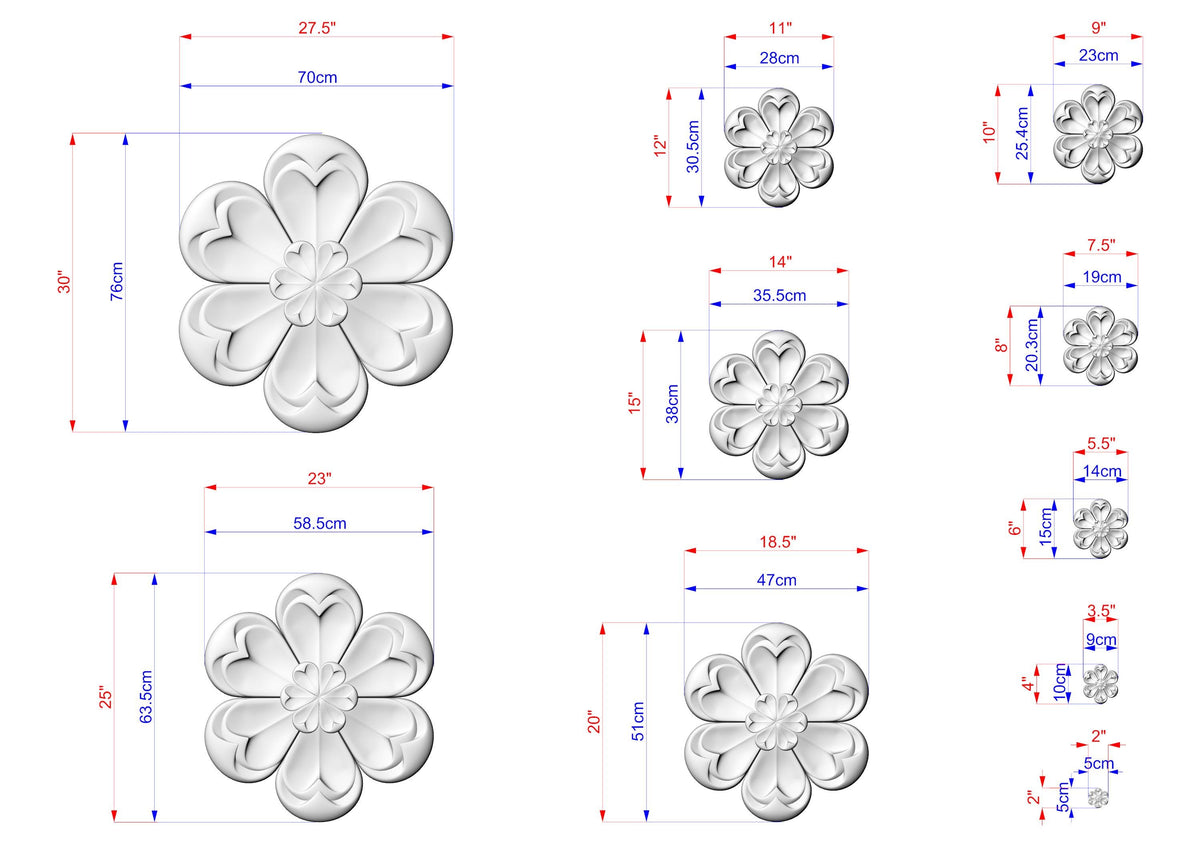 a collection of flower-shaped designs, each with its own size and dimensions. The flowers are depicted in various sizes, ranging from small to large, and are shown in different stages of completion. The image provides a detailed visual representation of the flower designs, allowing for a clear understanding of their sizes and shapes.