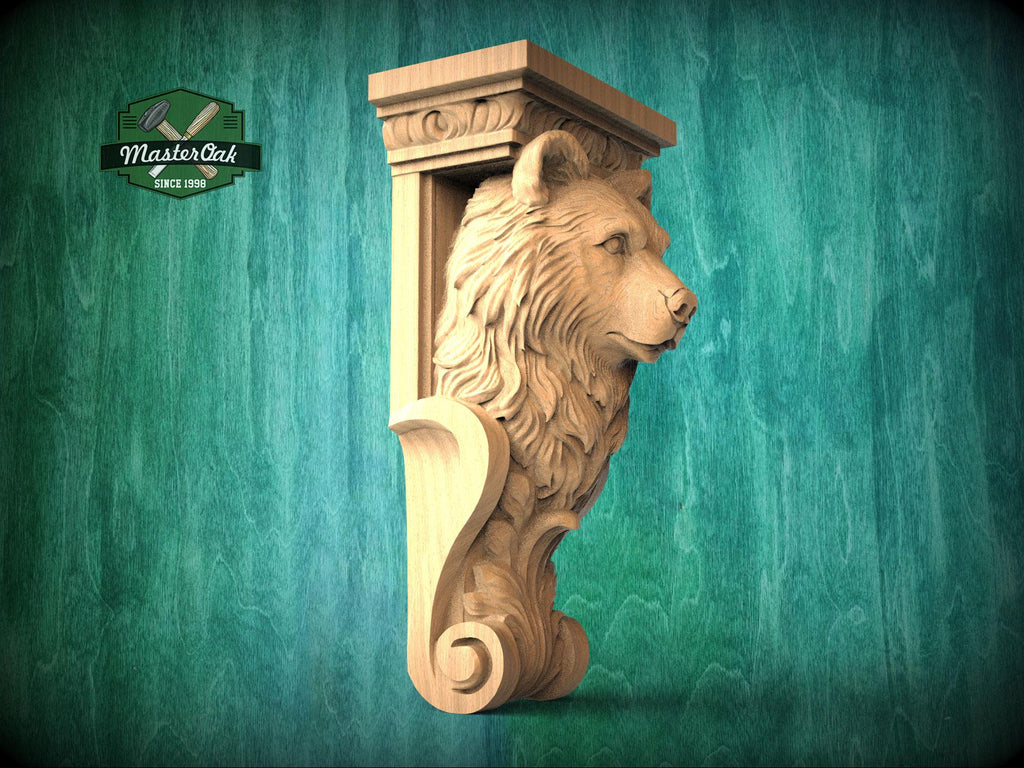 A carved wooden sculpture of a bear's head is displayed against a green background.