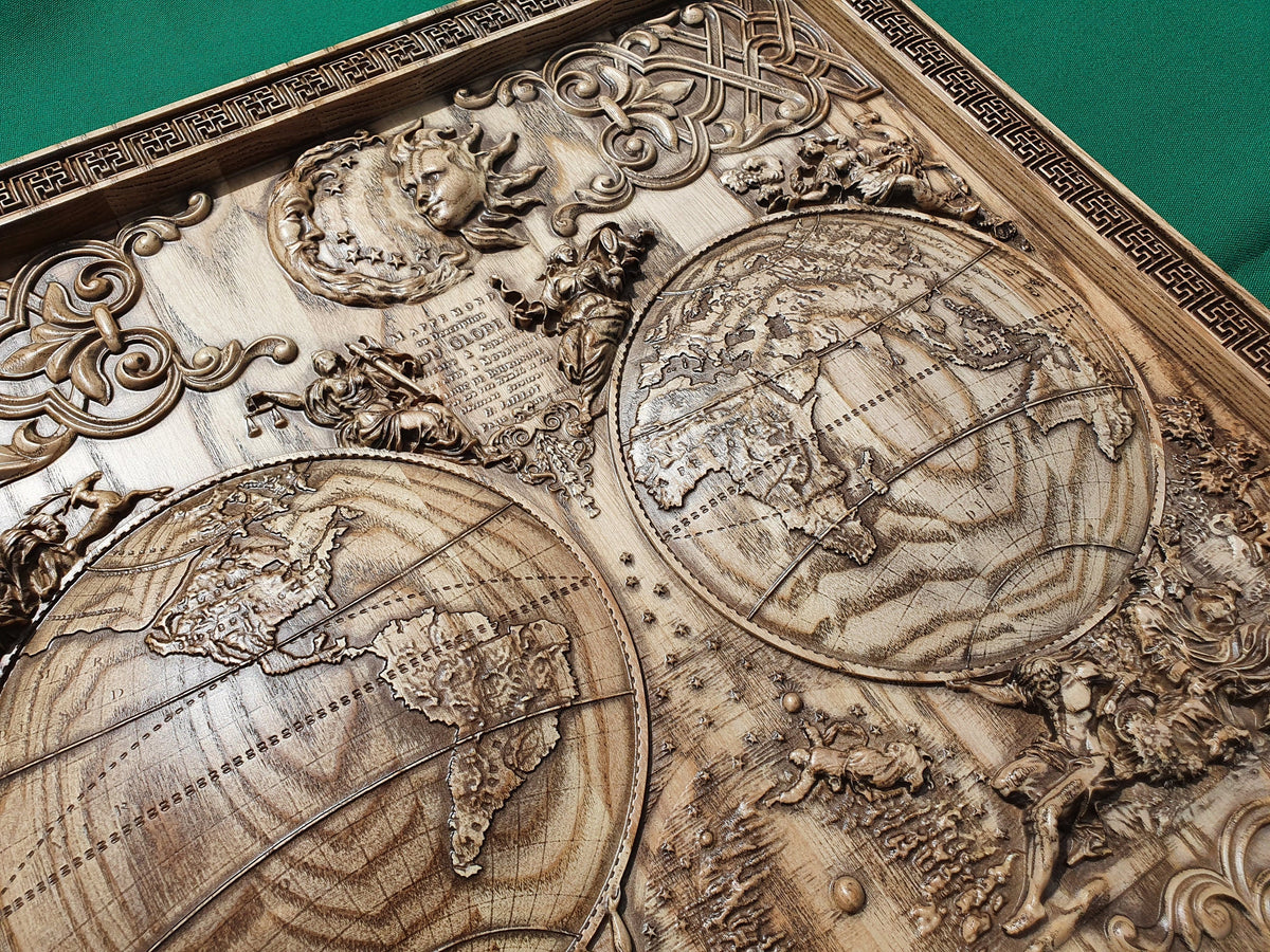 Antique map of the world made of wood, wood map wall art, carved map of wood, wall decor carving  - 19.7x18" / 50x46cm