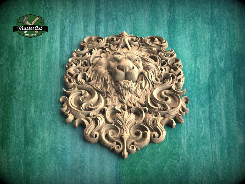 Majestic Carved Lion Head Wood Applique – Baroque Scrollwork Home Accent
