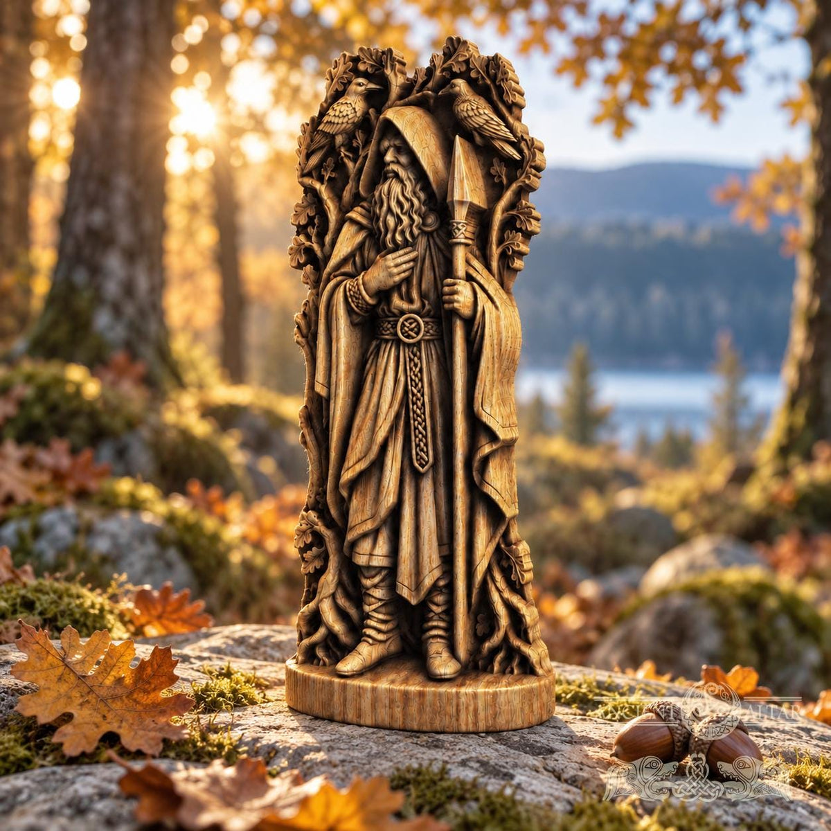 Hooded Odin Wooden Statue with Ravens, Norse Wanderer Figurine, Wotan Viking Sculpture, Pagan Altar Decor, Gungnir Gift