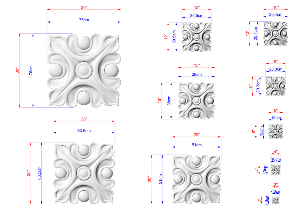 various sizes of a decorative stone or concrete piece, each with its own unique design. The sizes are indicated in centimeters, and the image is a collage of multiple pictures showcasing different aspects of the decorative piece.