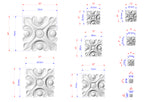 various sizes of a decorative stone or concrete piece, each with its own unique design. The sizes are indicated in centimeters, and the image is a collage of multiple pictures showcasing different aspects of the decorative piece.