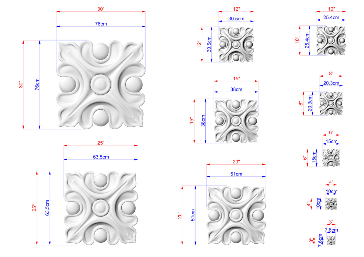 various sizes of a decorative stone or concrete piece, each with its own unique design. The sizes are indicated in centimeters, and the image is a collage of multiple pictures showcasing different aspects of the decorative piece.