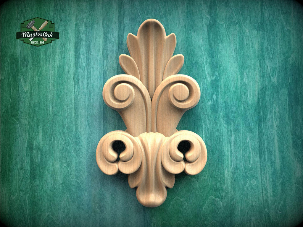 a decorative wooden carving on a green textured background.