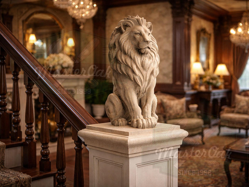 Carved Wooden Lion Newel Finial – Lion Bed Post Topper for Stair Post or Bed Frame