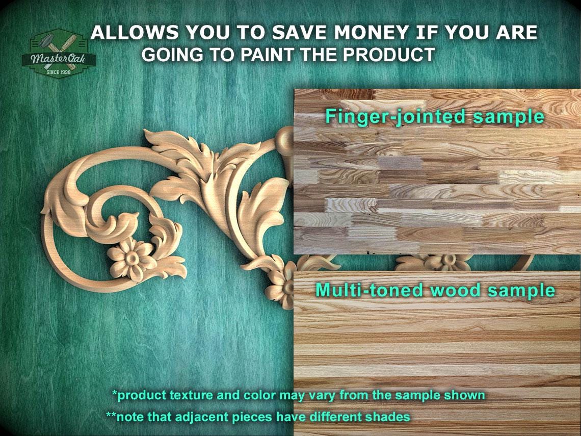 The image is a promotional advertisement for Master Oak, a company that specializes in painting wooden products. It features a close-up of a wooden sample with a detailed carving and a multi-toned wood sample, along with text that provides information about the products.