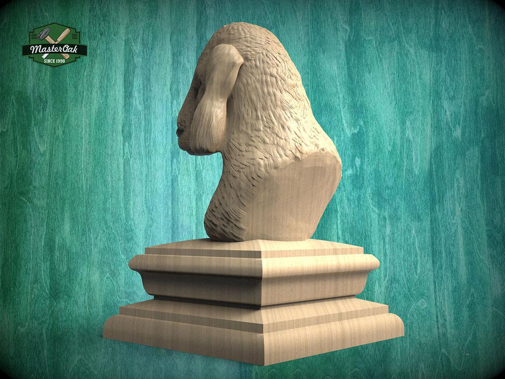 A wooden bust of a dog's head is displayed on a wooden pedestal against a green background.