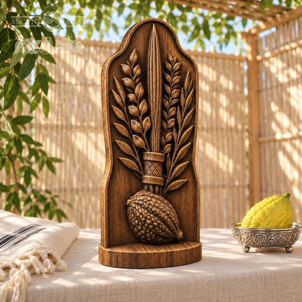 Lulav and Etrog Oak Wood Sculpture, Four Species Botanical Relief, Sukkot Decor, Judaica Art, Jewish Holiday Gift