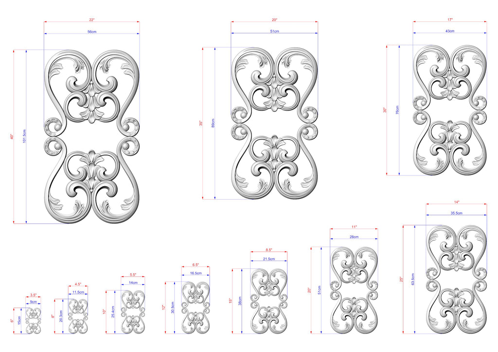 a collection of ornate, decorative designs with intricate scrollwork and floral patterns. The designs are presented in various sizes, ranging from small to large, and are accompanied by detailed measurements in both inches and centimeters. The image is a collage of multiple images, showcasing the diverse sizes and styles of the decorative designs.