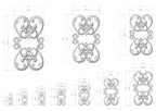a collection of ornate, decorative designs with intricate scrollwork and floral patterns. The designs are presented in various sizes, ranging from small to large, and are accompanied by detailed measurements in both inches and centimeters. The image is a collage of multiple images, showcasing the diverse sizes and styles of the decorative designs.