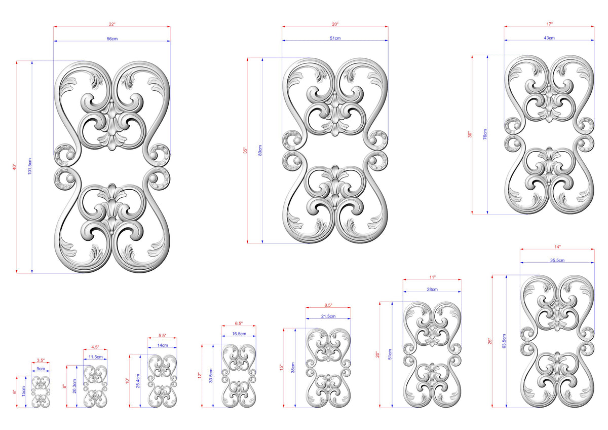 a collection of ornate, decorative designs with intricate scrollwork and floral patterns. The designs are presented in various sizes, ranging from small to large, and are accompanied by detailed measurements in both inches and centimeters. The image is a collage of multiple images, showcasing the diverse sizes and styles of the decorative designs.