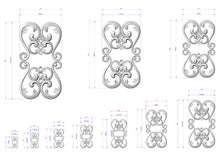 Load image into Gallery viewer, a collection of ornate, decorative designs with intricate scrollwork and floral patterns. The designs are presented in various sizes, ranging from small to large, and are accompanied by detailed measurements in both inches and centimeters. The image is a collage of multiple images, showcasing the diverse sizes and styles of the decorative designs.
