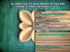 The image is a promotional advertisement for Master Oak, a company that sells wood products. It features a close-up of a wooden flower-shaped object and a sample of multi-toned wood. The text on the image encourages viewers to save money by painting the product, highlighting the differences between the product texture and color and the sample shown. The text also mentions that adjacent pieces have different shades, emphasizing the variety of the product.