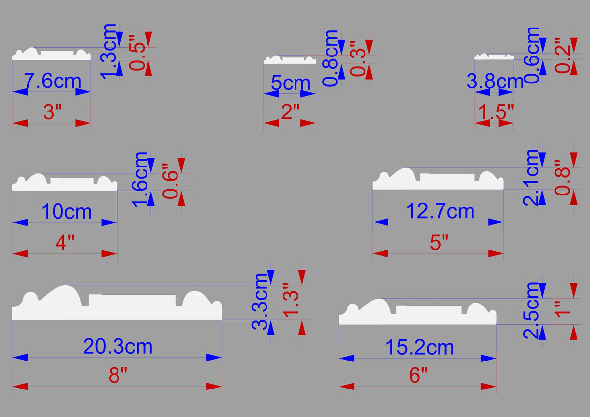 various measurements and dimensions of different objects, such as crown molding, in centimeters.